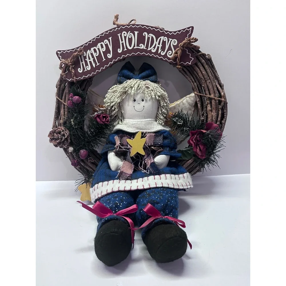 Vintage Handmade Christmas Angel Wreath Wall Hanging Happy Holidays Grapevine